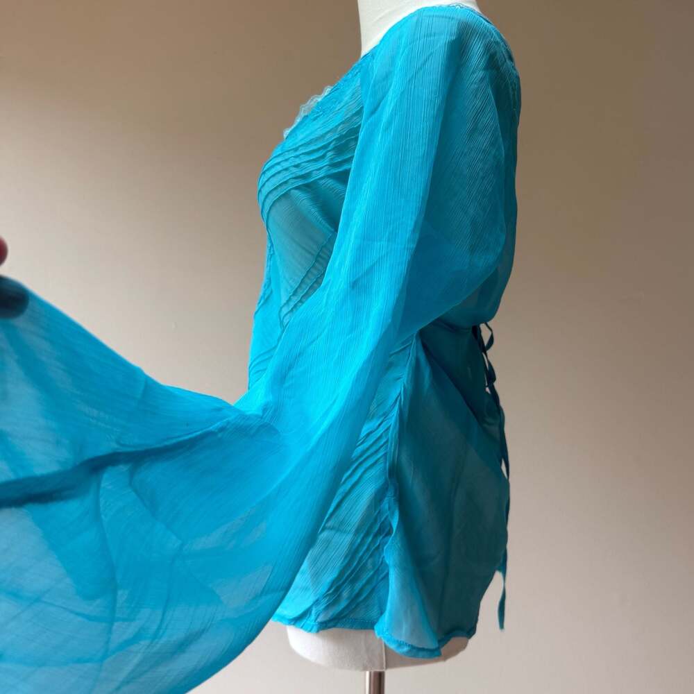 Vintage Y2K Turquoise Sheer Embroidered Bell Sleeve Tunic Top - Picture 11 of 12